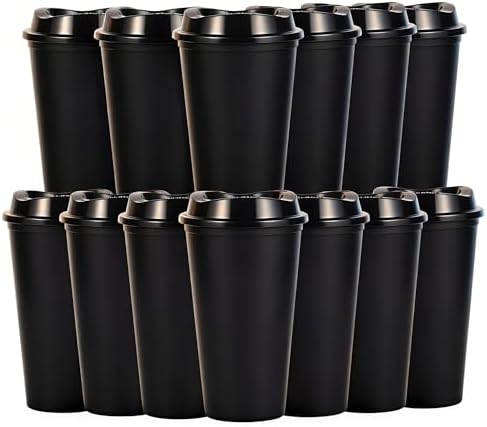 16oz Reusable Plastic Coffee Cups with Lids, 13 Pack, Black