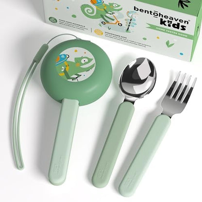 Bentoheaven Kids Utensils Set with Case, Reusable Fork & Spoon, Chameleon