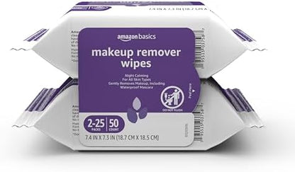 Amazon Basics Makeup Remover Wipes, Gentle Cleansing, Dermatologist Tested, Night Calming, Plant Based, Alcohol-Free, Removes Waterproof Mascara, 25 Count Per Pack, Pack of 2