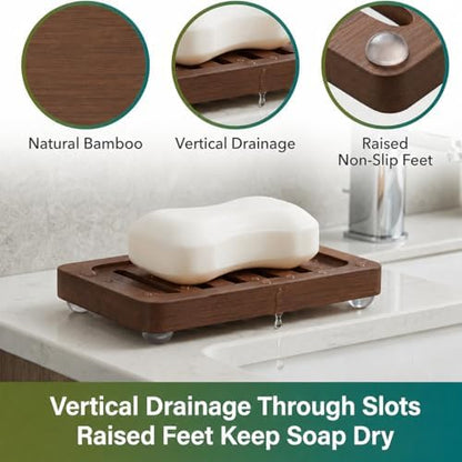 Wooden Soap Dish, Brown Bamboo Self-Draining Bathroom Tray, 2 Pack Slotted Design for Shower, Sink, Kitchen, Bathtub (Black Walnut)