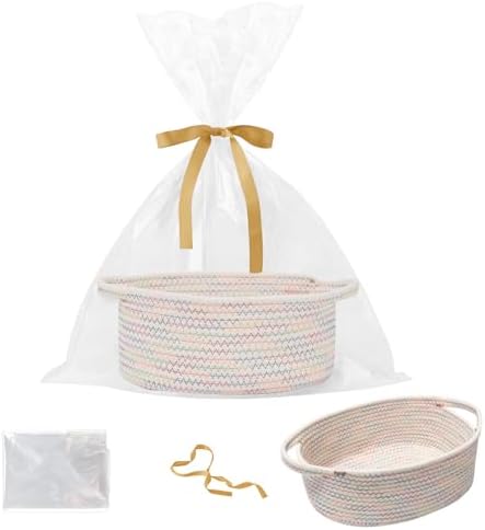 Small Woven Rope Basket,Baby Gift Basket with Bag & Ribbon