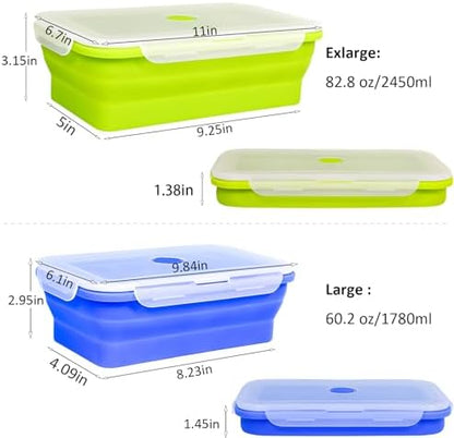 Extra Large Collapsible Silicone Food Storage Containers with Lids, Set of 2 Foldable Lunch Boxes 82.8oz + 60.2oz, for Kitchen, Travel, Camping, BPA Free