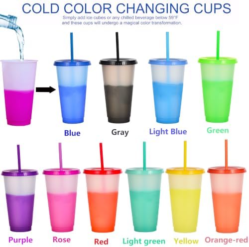 Color Changing Cups, 12 Pack 24oz Plastic Tumblers, Reusable Iced Coffee & Smoothie Cups with Lids and Straws for Parties and Travel (transparent, 12 Pack)