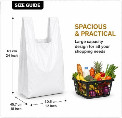 Reusable Heavy Duty White Plastic Shopping Bags with Handles, T-Shirt Grocery Carrier Bags, 12 x 18 x 24 Inch, HDPE Retail, Convenience Store & Takeout Bags, 1000 Pack