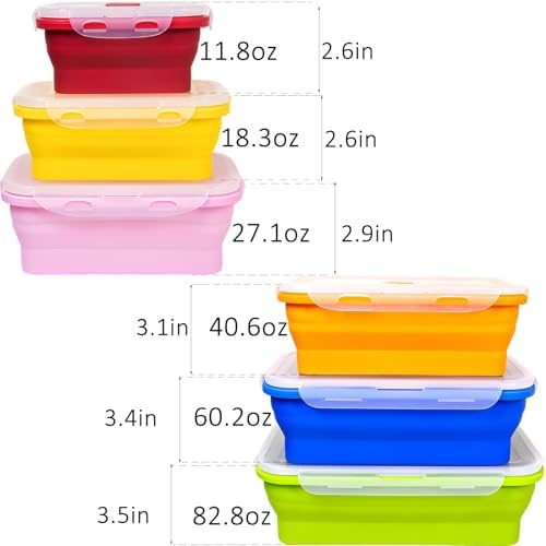Set of 6 Collapsible Silicone Food Storage Containers With Lids, Durable, Meal Prep Foldable Bento Lunch Boxes for Kitchen, Camping, Microwave,Dishwasher and Freezer Safe, BPA Free