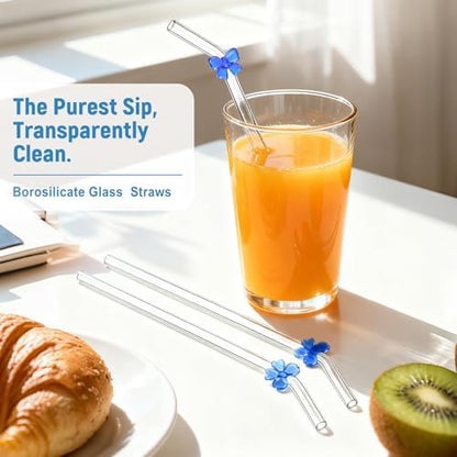 Cute Glass Straws with Blue Bow Charms, 8-Pack 9-Inch Bent for Tumblers