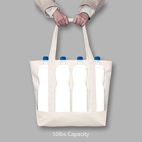 TOPDesign 6-Pack Canvas Tote Bags with an External Pocket, Reusable Grocery Shopping Bags, Top Zipper Closure, Daily Essentials (Natural)