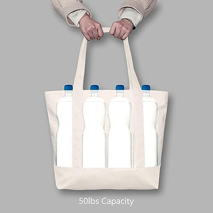 TOPDesign 6-Pack Canvas Tote Bags with an External Pocket, Reusable Grocery Shopping Bags, Top Zipper Closure, Daily Essentials (Natural)