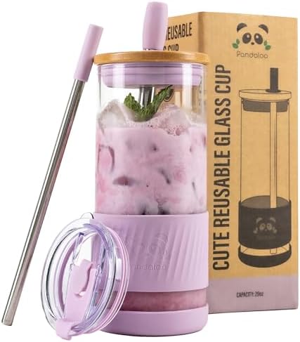 Pandaloo® Glass Cups With Lids and Straws -20 Fl Oz- Perfect Size Iced Coffee Cup - Smoothie Cup With Bamboo Lid and On the go Lid - Glass Tumbler With Straw (1 Count (Pack of 1), Lilac Rhapsody)