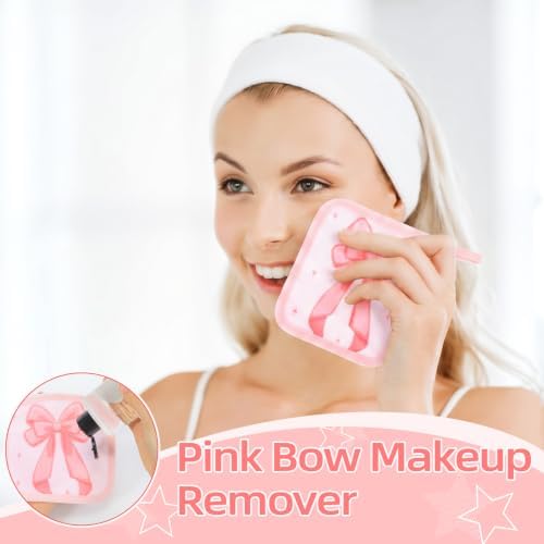 24 Pcs Pink Bow Party Favor Makeup Remover Cloth 6" x 6" Towels Reusable Coquette Pink Bow Remover Face Pads Soft Microfiber Washcloths Facial Cloths Makeup Towel Gift for Women