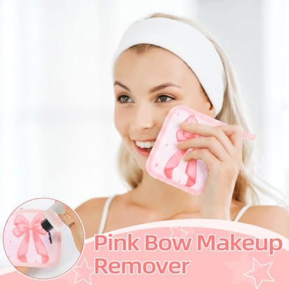 24 Pcs Pink Bow Party Favor Makeup Remover Cloth 6" x 6" Towels Reusable Coquette Pink Bow Remover Face Pads Soft Microfiber Washcloths Facial Cloths Makeup Towel Gift for Women