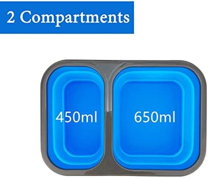 2 Compartments Collapsible Airtight Bento Box with Ideal Portion 600ml & 450ml and 2 in 1 Spoon & Fork, Food Grade Silicone Lunch Container for Adults Work Travel, Microwave Safe