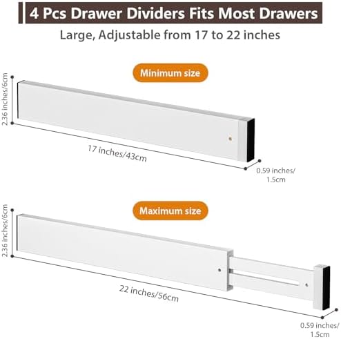 DUCOO 4 PCS Drawer Divider, 17"-22" Adjustable Bamboo Drawer Dividers Organizers, Expandable Separators for Kitchen, Clothes, Dressers, Home, Office, White