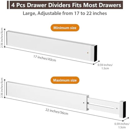 DUCOO 4 PCS Drawer Divider, 17"-22" Adjustable Bamboo Drawer Dividers Organizers, Expandable Separators for Kitchen, Clothes, Dressers, Home, Office, White