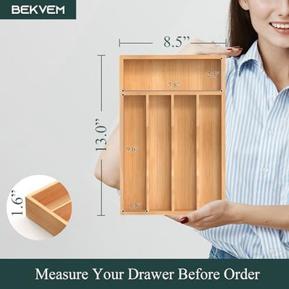 Silverware Organizer, Bamboo Kitchen Drawer Organizer, Utensil Holder, Cutlery Tray & Spoon Flatware Storage with Grooved Drawer Dividers (8.5''W x 13''D)