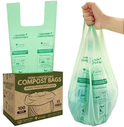 AIRNEX Compostable Kitchen Trash Bags 13 Gal - Cornstrarch Leakproof & Tear Resistant 100 Compost Bags - OK Compost Home & Seedling Certified 0.25 mm Kitchen Garbage Bags