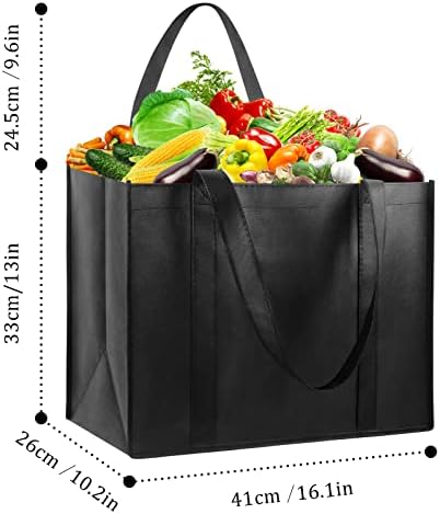 LadyRosian 10 Pack Heavy Duty Kitchen Reusable Grocery Bags, Durable XL Shopping Tote with Handle Can Hold 45+lbs, Stands Upright, Foldable & Washable (Black)