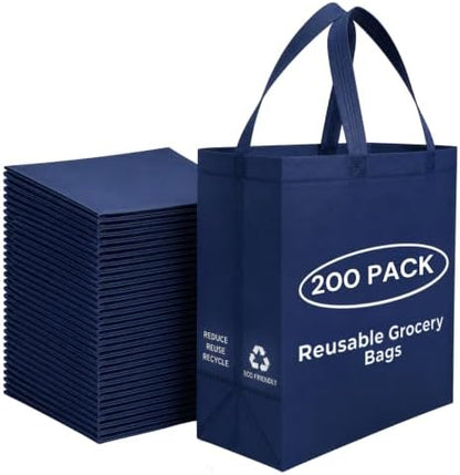 Simply Cool 200 Pack Reusable Grocery Bags, Large Tote Bags Bulk, Navy Blue