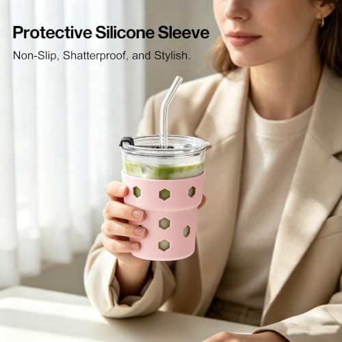 Mrsdry 12oz Iced Coffee Cup with Lids and Straws, BPA Free Reusable Glass Coffee Cups with Silicone Sleeves for Coffee, Iced tea, Thick Wall Glass Cup