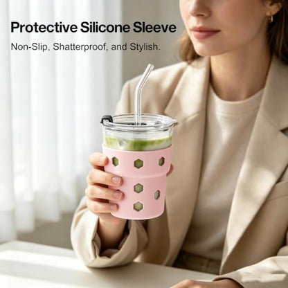 Mrsdry 12oz Iced Coffee Cup with Lids and Straws, BPA Free Reusable Glass Coffee Cups with Silicone Sleeves for Coffee, Iced tea, Thick Wall Glass Cup