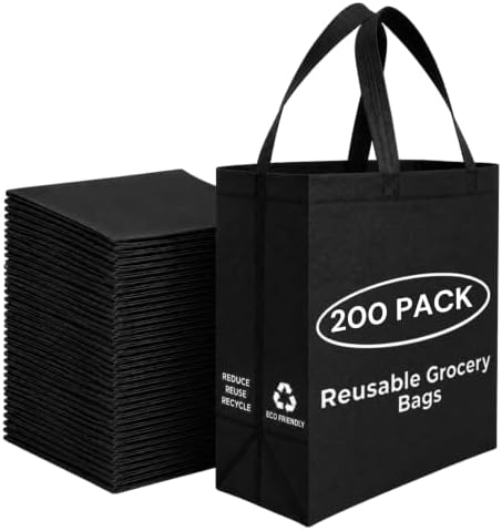 Simply Cool 200 Pack Reusable Grocery Bags, Medium Tote Bags Bulk, Black