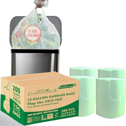 BEIDOU-PAC 13 Gallon Flap Tie Compostable Trash Bags, 200 Count, Compost Bags Tall Kitchen Trash Bags, Sturdy Garbage Bags Food Scrap Waste Bags, ASTM D6400, US BPI Certified, Green