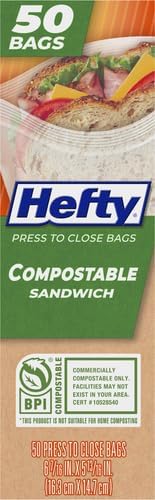 Hefty Compostable Sandwich Bags Press-to-Close | Expandable Bottom | Plant-Based Material | BPA Free | 50 Count, Pack of 12