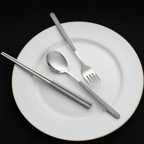 DEVICO Travel Utensils with Case, 4Pcs Portable Silverware Set for Work, 18/8 Stainless Steel Reusable Cutlery, Korean Spoon and Chopsticks Fork for Camping, School, Lunch Box Accessories (Grey)