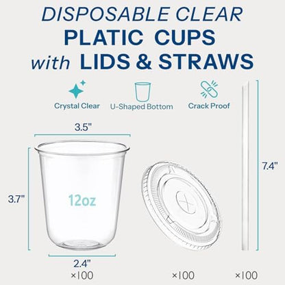 Homestockplus 100 Pack 12 oz BPA-Free Clear Plastic Cups with Lids and Straws - Leak-Proof Disposable Straw Cups, Iced Coffee Cups for Kids Drinks, Smoothies & To-Go Cold Beverages