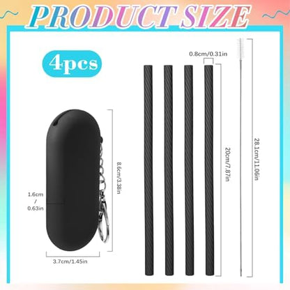 Meanplan 4 Sets Reusable Straws Travel Case Brush Silicone,Black