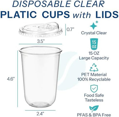 Homestockplus 15 oz Clear Plastic Cups with Lids (100 Pack) - Strawless Sip Lids, Leak-Proof & BPA-Free Iced Coffee Cups - Disposable Cold Drink Cups for Smoothies, Milkshake, Parties, Events