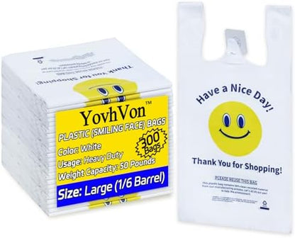 YovhVon 0.8Mil(20 Microns), 300 Count, Plastic Bags with Handles, T-Shirt bags, Thank You bags, Shopping Bag, Grocery Bag, |for Store, Carry, Pack|, White, 1/6 Barrel, Large 11"x6"x21", Heavy Duty