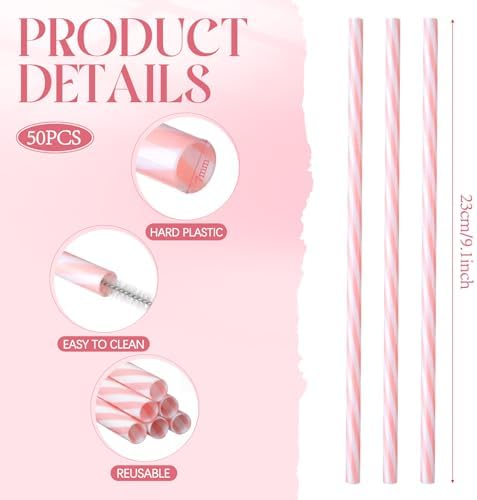 Honeydak 50 Pcs Reusable Plastic Straws Bulk,Pink and White Striped
