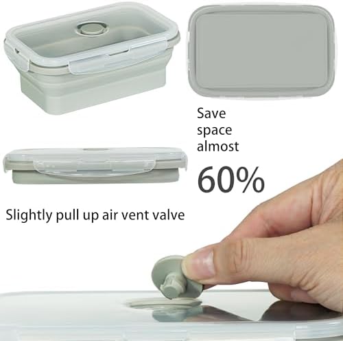 Plus 6PCS Foldable Silicone Food Storage Containers for Kitchen Storage for Leftovers Fruits and Meal Prep Dishwasher Safe Microwave Safe Ideal for Home and Travel (grey, square)