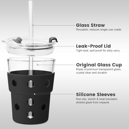 Mrsdry 12oz Iced Coffee Cup with Lids and Straws, BPA Free Reusable Glass Coffee Cups with Silicone Sleeves for Coffee, Iced tea, Thick Wall Glass Cup