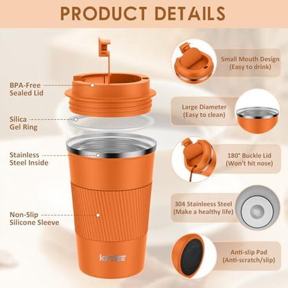 KETIEE 12oz Insulated Travel Mug, Vacuum Stainless Steel Double Walled Reusable Coffee Cup with Leakproof Lid, Travel Tumbler Coffee Mug to Go for Hot and Iced Tea Water (Orange)