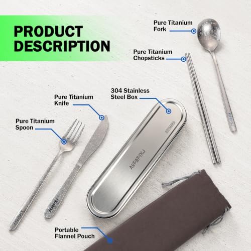 100% Pure Titanium Cutlery Set, Snowflake Pattern Titanium Tableware with 304 Stainless Steel Case & Silicone Holder, Ultralight Portable Utensils with Bonus Carry Bag for Camping