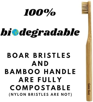 Gaia Guy Boar Bristle Bamboo Toothbrushes – 6 Pack Adult Toothbrush Set – No Nylon, Plastic-Free Natural Bristles, Bamboo Handle, Made from Natural Materials, Eco-Friendly Oral Care
