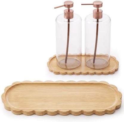Scalloped Bamboo Soap Dispenser Tray Bathroom Rustic Decor Bamboo Countertop Tray Scalloped Soap Dish Jewelry Holder Vanity Bathtub Organizer for Bathroom Kitchen Home Decor (9'',Oval)