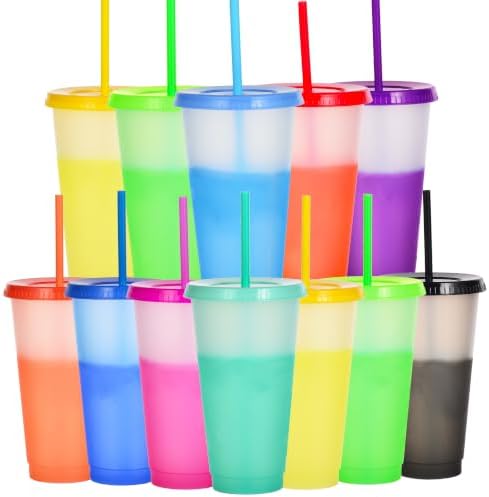 Color Changing Cups, 12 Pack 24oz Plastic Tumblers, Reusable Iced Coffee & Smoothie Cups with Lids and Straws for Parties and Travel (transparent, 12 Pack)