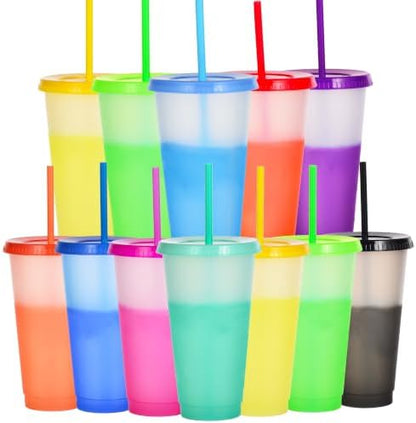 Color Changing Cups, 12 Pack 24oz Plastic Tumblers, Reusable Iced Coffee & Smoothie Cups with Lids and Straws for Parties and Travel (transparent, 12 Pack)