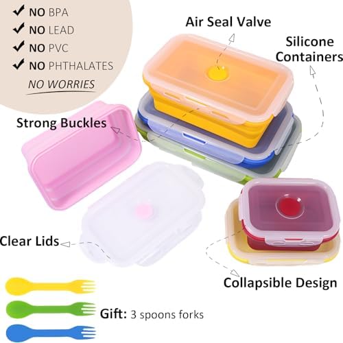Set of 6 Collapsible Silicone Food Storage Containers With Lids, Durable, Meal Prep Foldable Bento Lunch Boxes for Kitchen, Camping, Microwave,Dishwasher and Freezer Safe, BPA Free