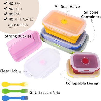 Set of 6 Collapsible Silicone Food Storage Containers With Lids, Durable, Meal Prep Foldable Bento Lunch Boxes for Kitchen, Camping, Microwave,Dishwasher and Freezer Safe, BPA Free