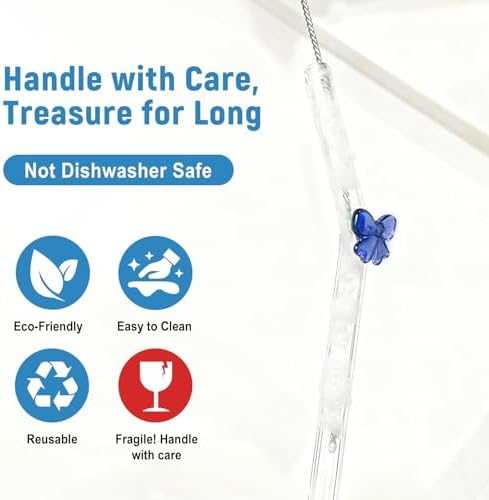 Cute Glass Straws with Blue Bow Charms, 8-Pack 9-Inch Bent for Tumblers