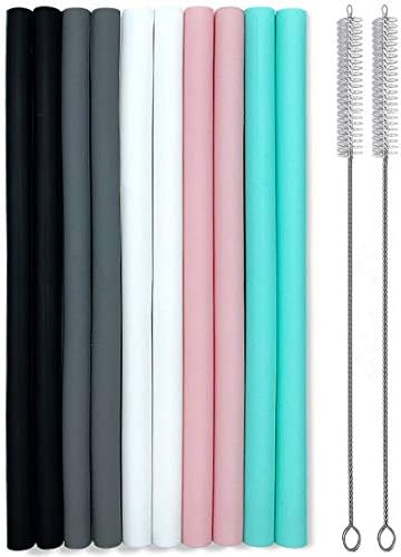 Silicone Straws Set of 10 Straight Smoothies Straws Large Silicon Reusable Drinking Straws with Cleaning Brushes Extra Long for 20oz and 30oz Tumbler - Flexible