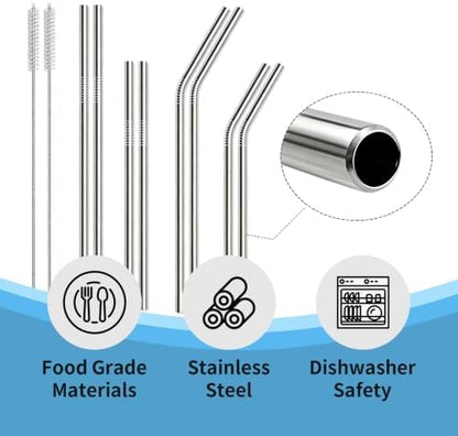 12 Pack Reusable Stainless Steel Metal Drinking Straws: 3 Bent + 3 Straight 8.5 in and 3 Bent + 3 Straight 10.5 in, Includes 2 Cleaning Brushes, Fits 20-30 oz Tumblers, Dishwasher Safe