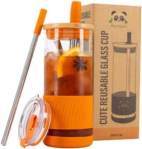 Pandaloo® Glass Cups With Lids and Straws -20 Fl Oz- Perfect Size Iced Coffee Cup - Smoothie Cup With Bamboo Lid and On the go Lid - Glass Tumbler With Straw (1 Count (Pack of 1), Autumn Gold)