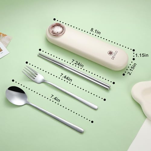 DEVICO Travel Utensils with Case Cute, Reusable Silverware for Lunch, 4Pcs Portable Cutlery Set, 18/8 Stainless Steel Fork Spoon Chopsticks in Cartoon Case, Dishwasher Safe (Light Yellow)