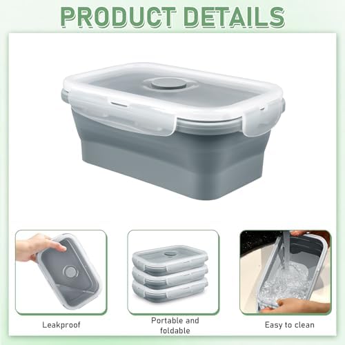 8 Pack 17 oz Collapsible Food Storage Containers, Silicone Lunch Boxes,Gray