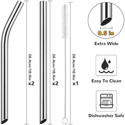 NiHome 4-Pack Stainless Steel Straws for Boba, Smoothie, 10.4” Metal Straws